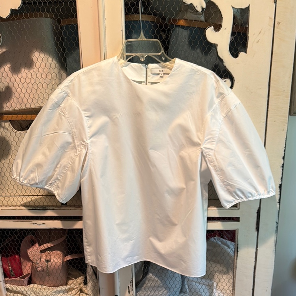 Tibi eco poplin puff sleeve top, white, EUC, size 8, $80